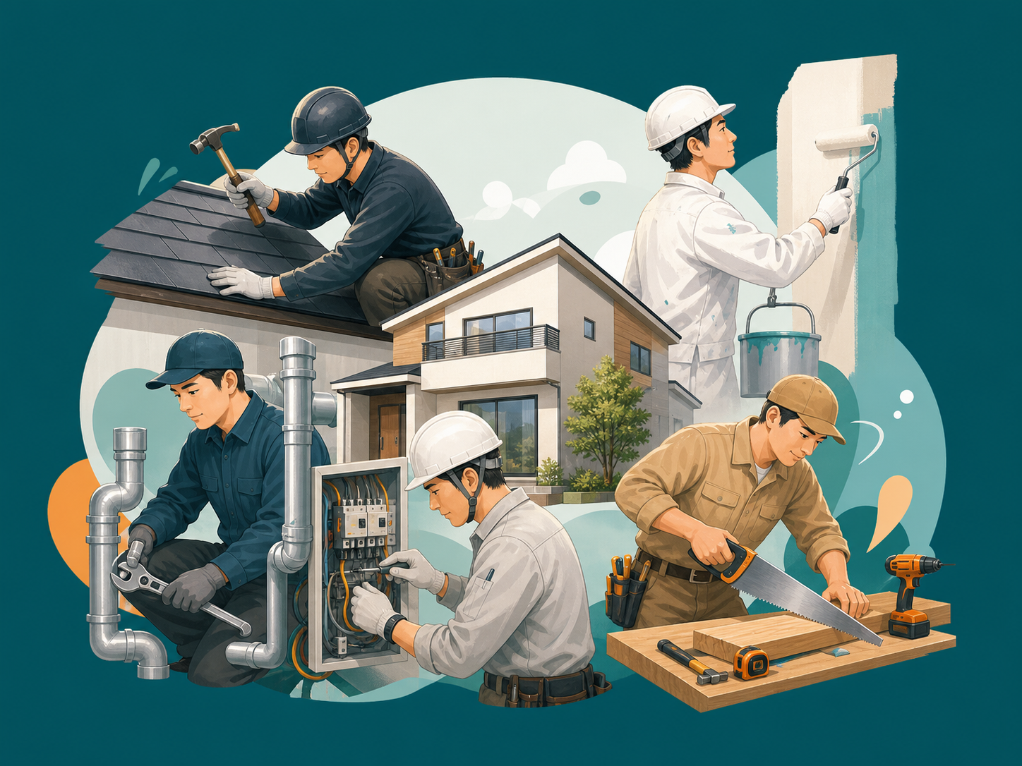 屋根工事、塗装、設備工事、大工工事など建設業種を表すイラスト