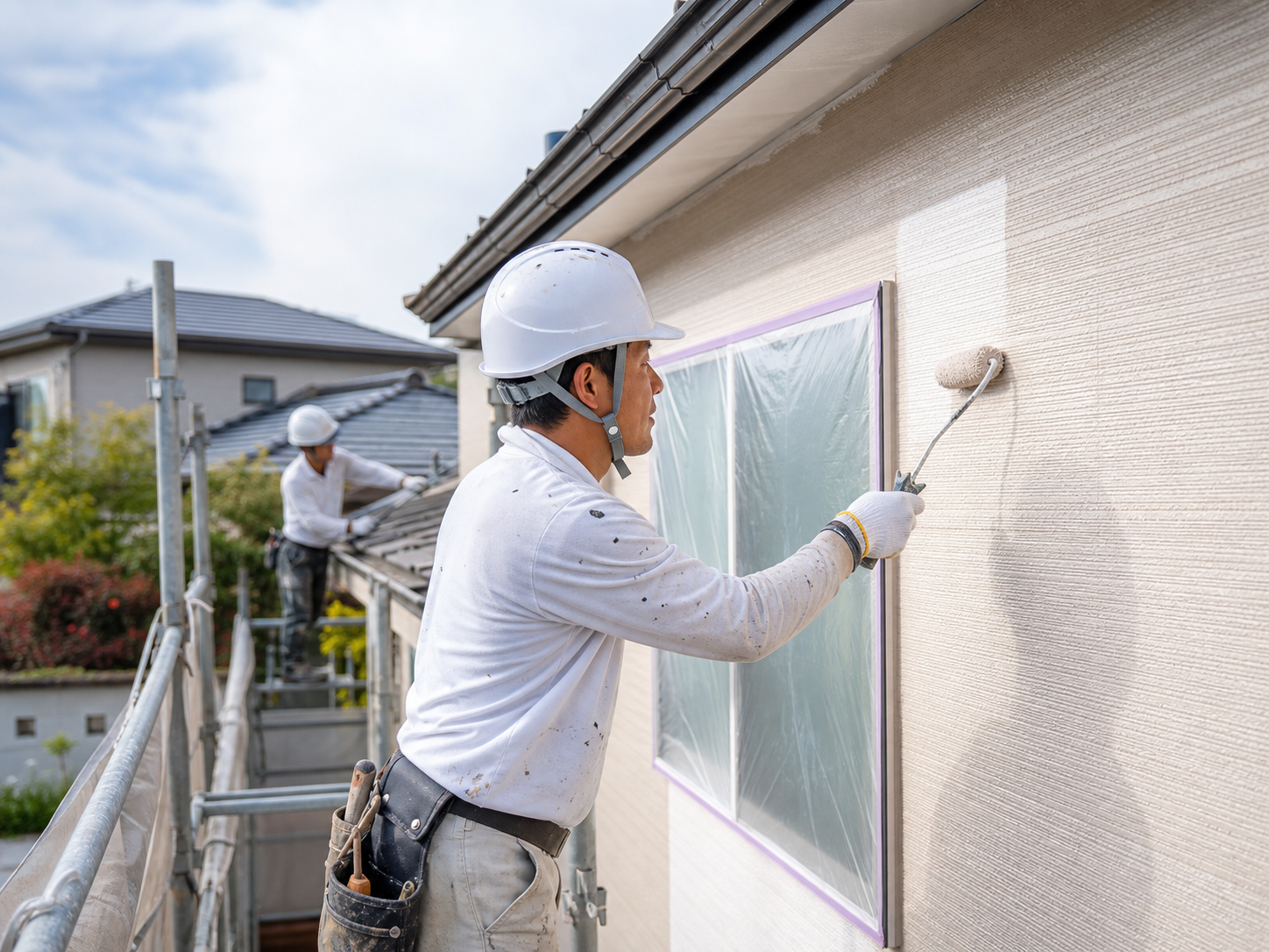 住宅の外壁塗装を行う職人の作業風景