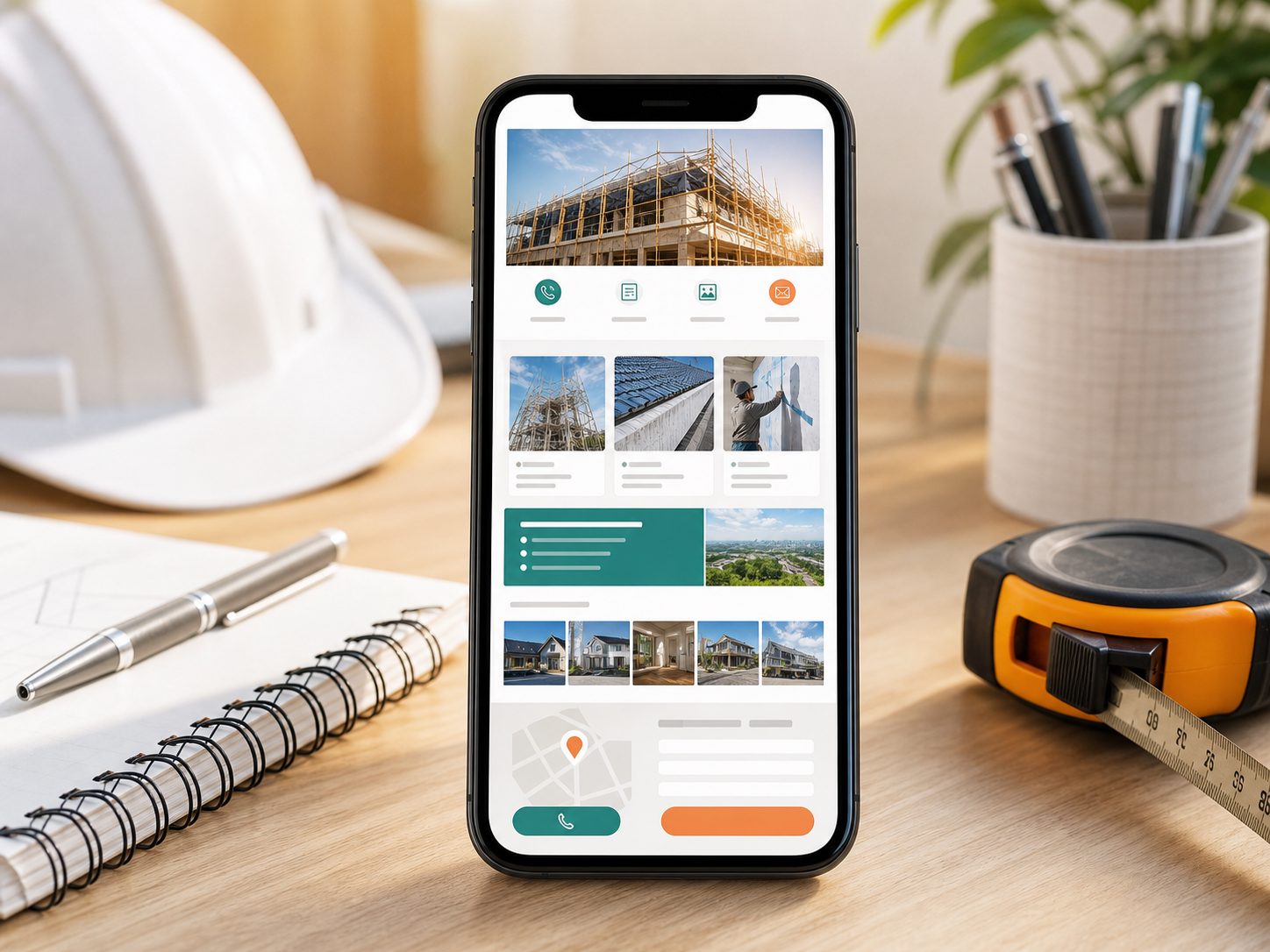 建設業者向けホームページを表示したスマートフォンのモックアップ